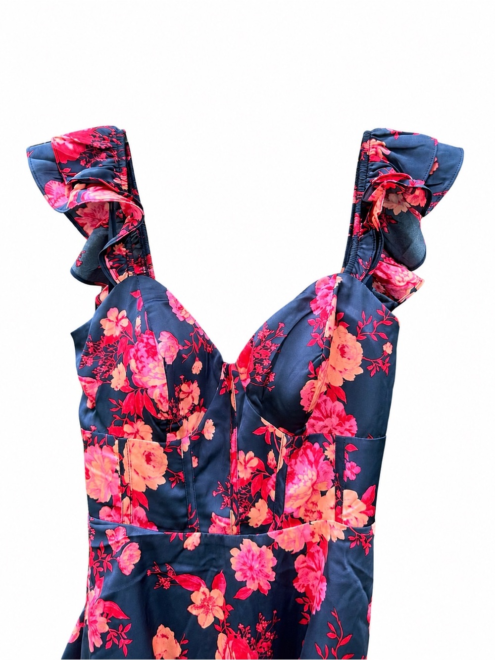 miami Navy Floral Satin Maxi Dress with Pink & Coral Blossoms